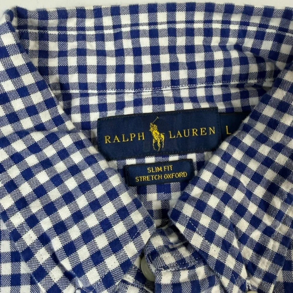 Polo Ralph Lauren Button Down Mens Large Blue Gingham Slim Stretch Oxford Shirt